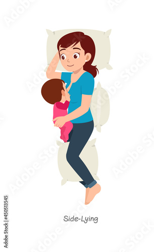 mother breastfeeding baby with pose named side lying
