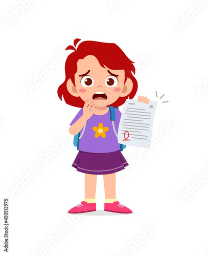 cute little girl feel sad because get bad grade from exam