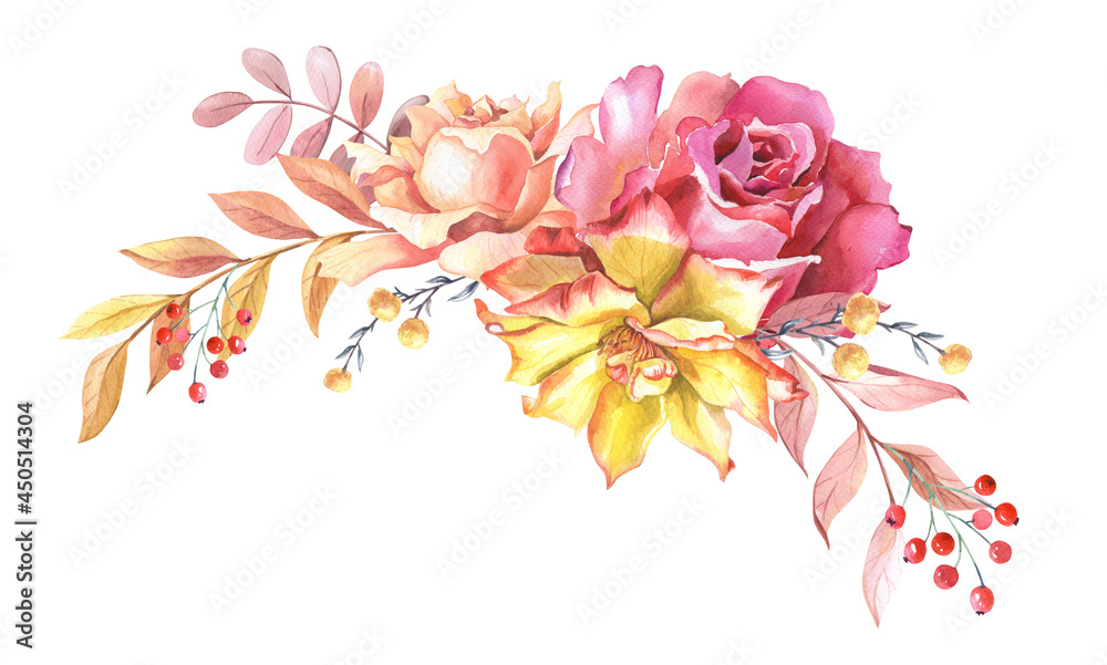 Watercolour arrangement of roses and leaves. Autumn composition withy yellow,pink rose