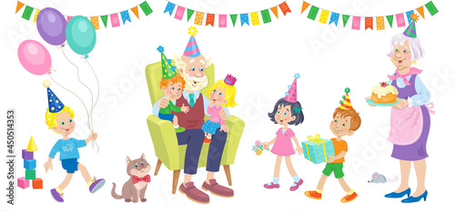 Happy Birthday! Children with flowers, balloons and gifts. Grandma with cake. Grandfather with grandchildren in festive hats in a chair. In cartoon style. Isolated on white. Vector flat illustration