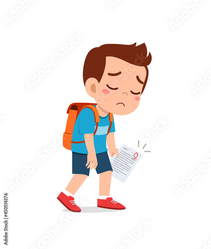 cute little boy feel sad because get bad grade from exam