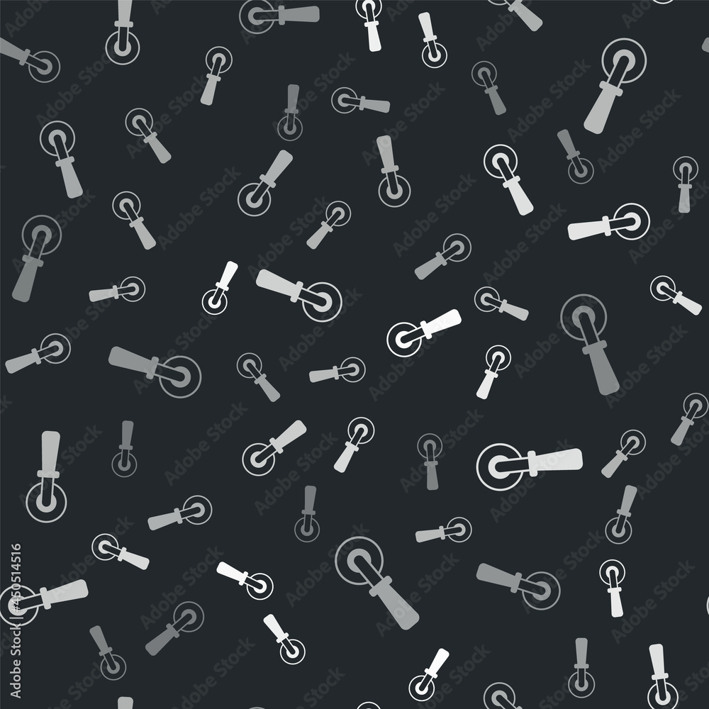Grey Pizza knife icon isolated seamless pattern on black background. Pizza cutter sign. Steel kitchenware equipment. Vector Grey Pizza knife icon isolated seamless pattern on black background. Pizza cutter sign. Steel kitchenware equipment. Vector