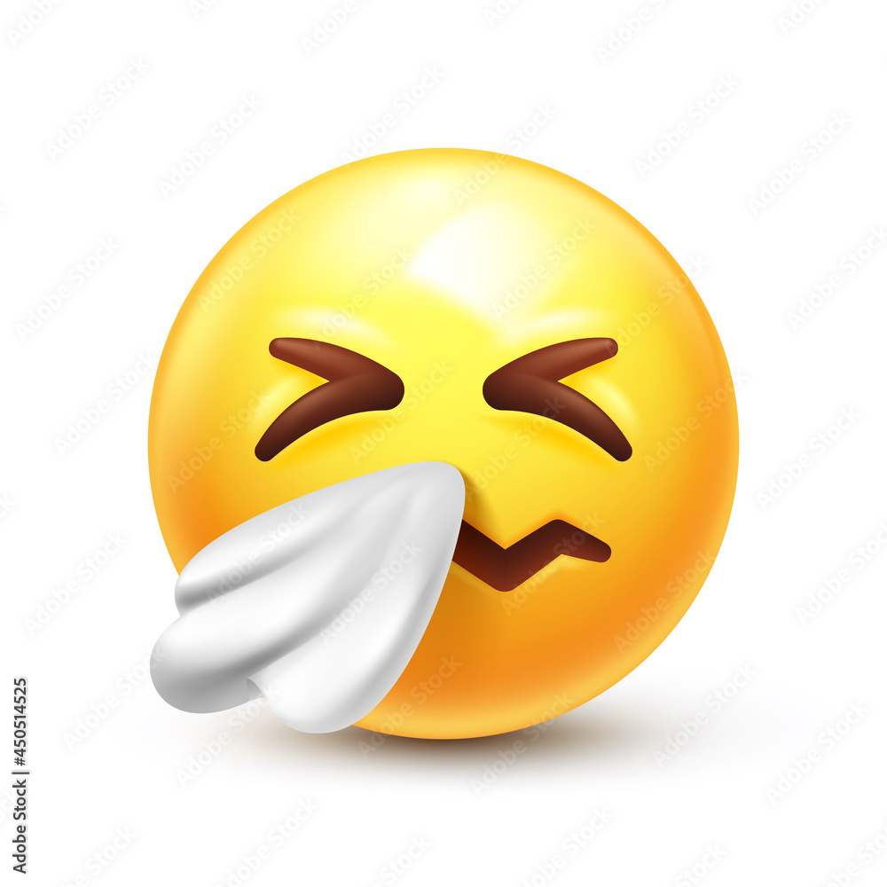 Sneezing emoji. Allergy emoticon with a handkerchief, sneeze 3D stylized vector icon Stock