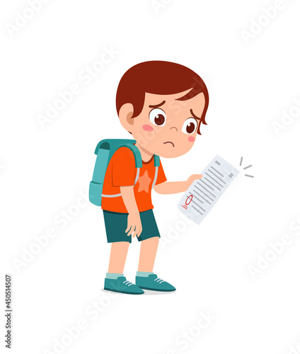 cute little boy feel sad because get bad grade from exam