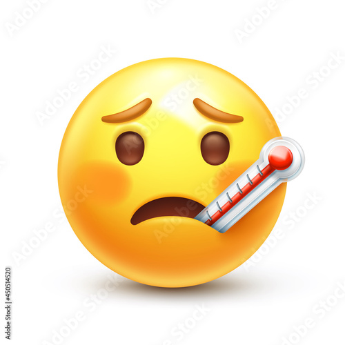 Thermometer in mouth emoji. Sick emoticon with high fever, cold or flu 3D stylized vector icon
