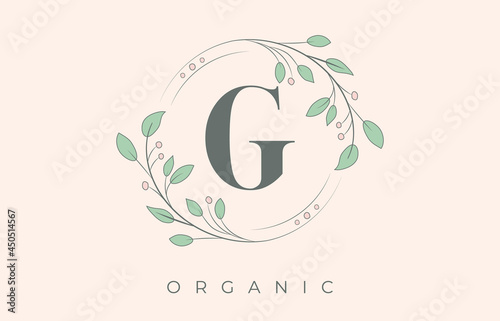Organic G Letter Logo. Floral Bio and Beauty Retro Logo.
