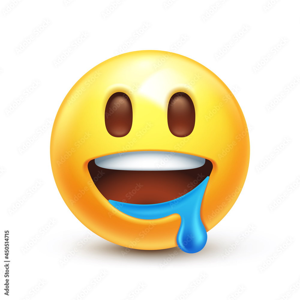Drooling emoji. Emoticon with saliva from mouth corner, happy yellow face  with drools 3D stylized vector icon Stock Vector | Adobe Stock