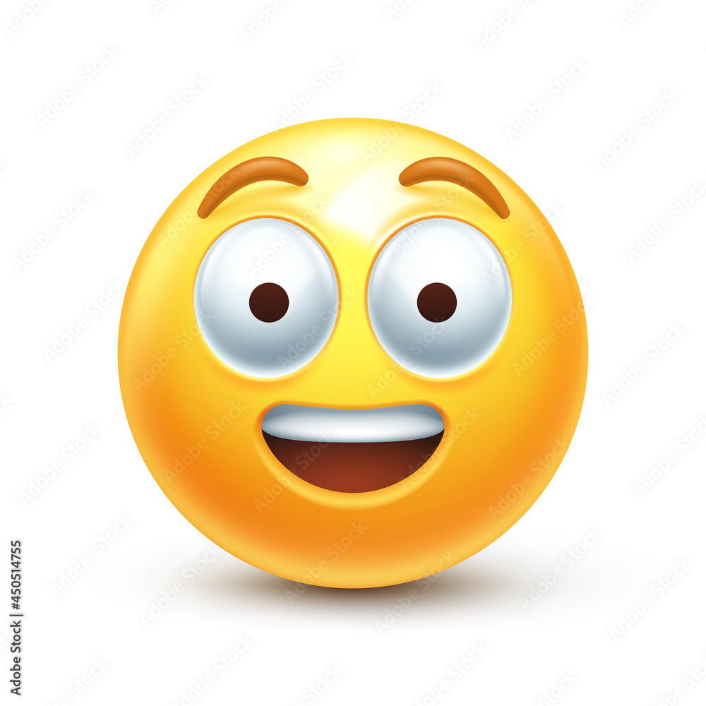 Wonder emoji. Surprised emoticon with big eyes, open smile and raised eyebrows 3D stylized vector icon Wonder emoji. Surprised emoticon with big eyes, open smile and raised eyebrows 3D stylized vector icon