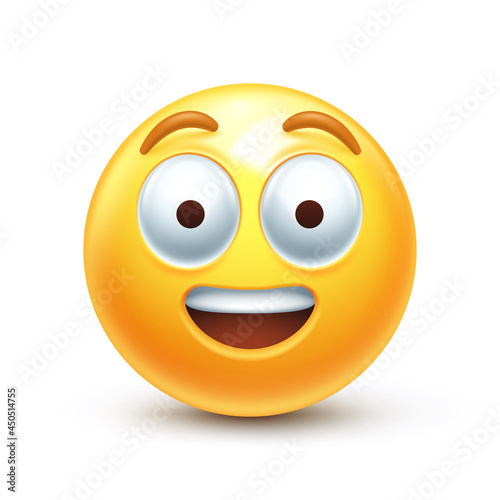Wonder emoji. Surprised emoticon with big eyes, open smile and raised eyebrows 3D stylized vector icon