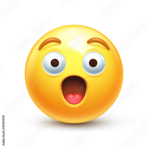 Surprised emoji. Astonished emoticon with wide open shocked eyes and raised eyebrows 3D stylized vector icon