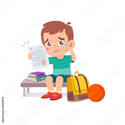 cute little boy feel sad because get bad grade from exam