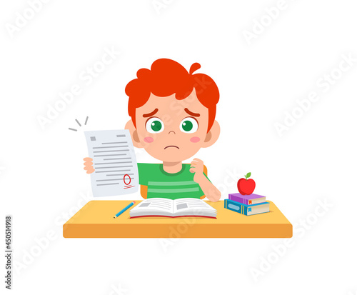 cute little boy feel sad because get bad grade from exam