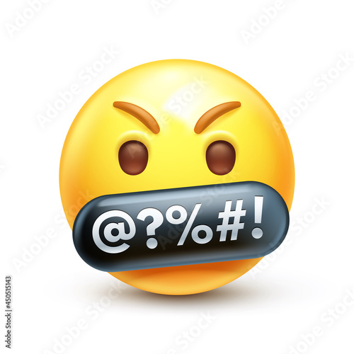 Angry swearing emoji. Emoticon with swear words censored by grawlix symbols 3D stylized vector icon