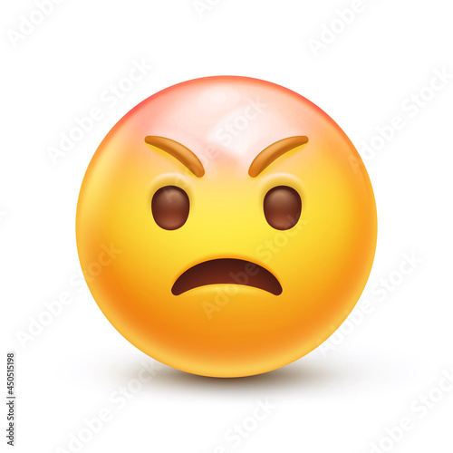 Irritated emoji. Grumpy emoticon, yellow angry face with scrunched downward eyebrows 3D stylized vector icon