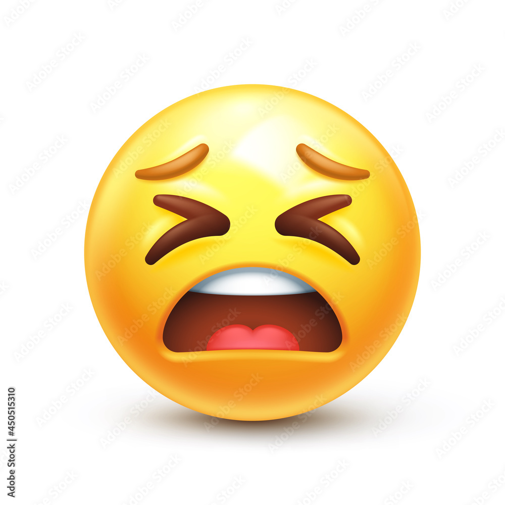 Exhausted emoji. Tired emoticon, yellow face with X-shaped scrunched eyes and screaming mouth 3D stylized vector icon Exhausted emoji. Tired emoticon, yellow face with X-shaped scrunched eyes and screaming mouth 3D stylized vector icon