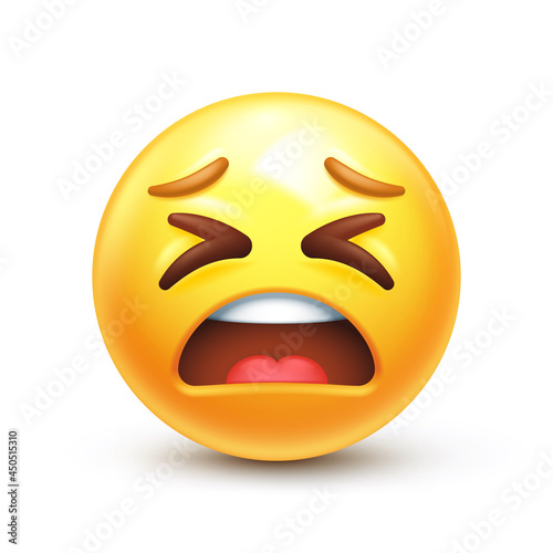 Exhausted emoji. Tired emoticon, yellow face with X-shaped scrunched eyes and screaming mouth 3D stylized vector icon