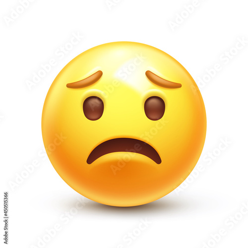 Sad emoji. Unhappy yellow face with furrowed eyebrows. Worried emoticon 3D stylized vector icon