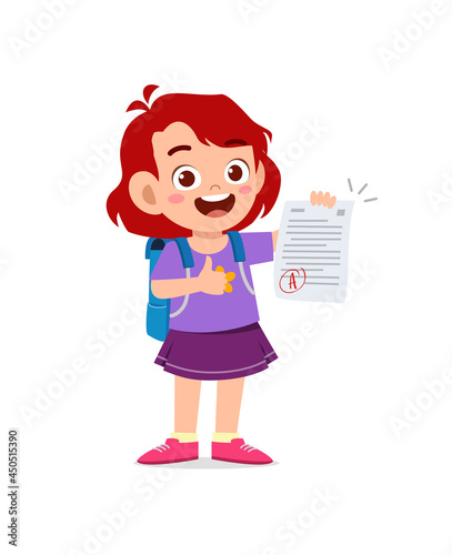 cute little boy feel happy because get good grade from exam