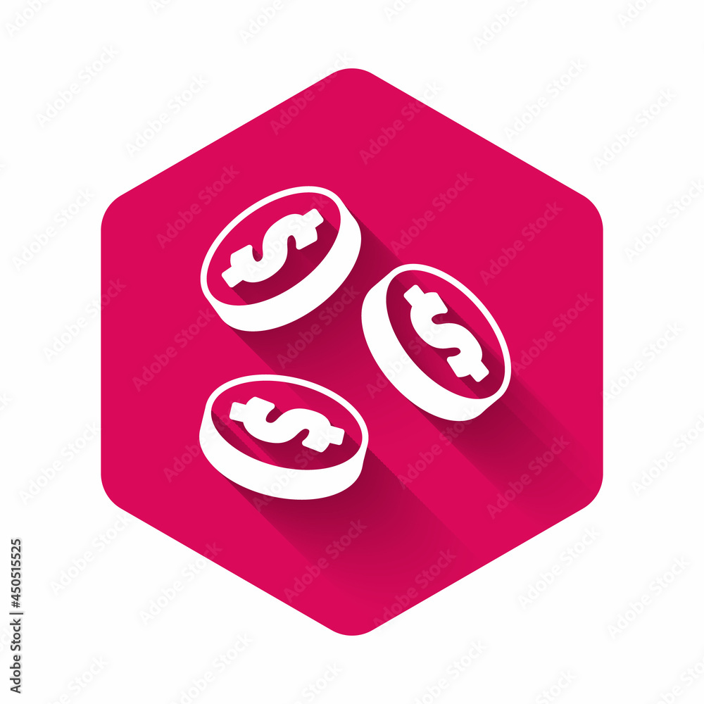White Coin money with dollar symbol icon isolated with long shadow background. Banking currency sign. Cash symbol. Pink hexagon button. Vector White Coin money with dollar symbol icon isolated with long shadow background. Banking currency sign. Cash symbol. Pink hexagon button. Vector