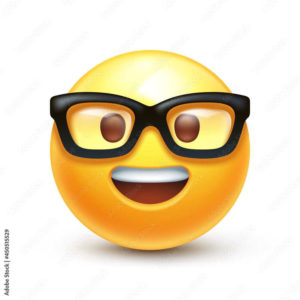 Nerd emoji. Emoticon with transparent glasses, funny yellow face with  black-rimmed eyeglasses and open teeth smile 3D stylized vector icon Stock  Vector | Adobe Stock