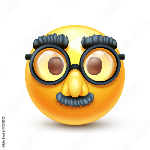 Disguised emoji. Incognito emoticon with fake large nose, eyebrows and mustache 3D stylized vector icon