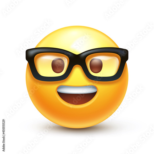 Nerd emoji. Emoticon with transparent glasses, funny yellow face with black-rimmed eyeglasses and open teeth smile 3D stylized vector icon