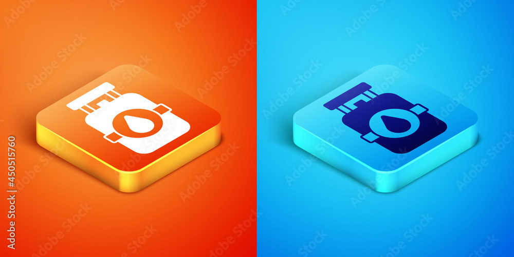 Isometric Propane gas tank icon isolated on orange and blue background. Flammable gas tank icon. Vector Isometric Propane gas tank icon isolated on orange and blue background. Flammable gas tank icon. Vector