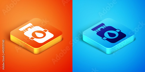 Isometric Propane gas tank icon isolated on orange and blue background. Flammable gas tank icon. Vector