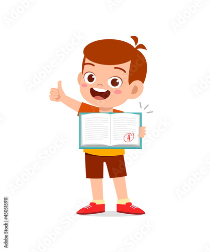 cute little boy feel happy because get good grade from exam