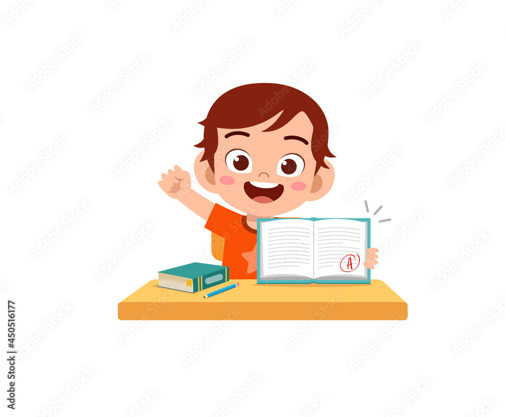 cute little boy feel happy because get good grade from exam