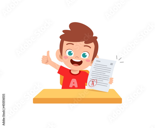 cute little boy feel happy because get good grade from exam