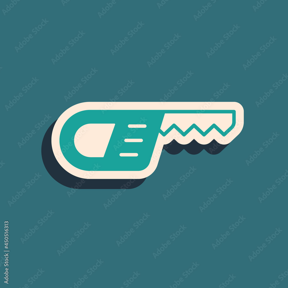 Green Reciprocating saw and saw blade icon isolated on green background. Long shadow style. Vector Green Reciprocating saw and saw blade icon isolated on green background. Long shadow style. Vector