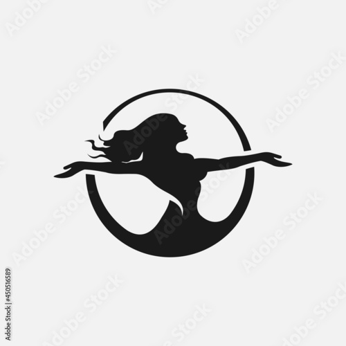 Beautiful girl standing with raised arms silhouette. Happy slim girl raised her hands up. Vector illustration isolated on white background.