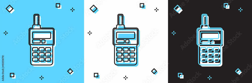 Set Walkie talkie icon isolated on blue and white, black background. Portable radio transmitter icon. Radio transceiver sign. Vector Set Walkie talkie icon isolated on blue and white, black background. Portable radio transmitter icon. Radio transceiver sign. Vector