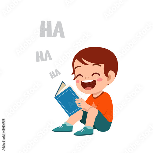 clue little boy read funny book story and laugh so hard