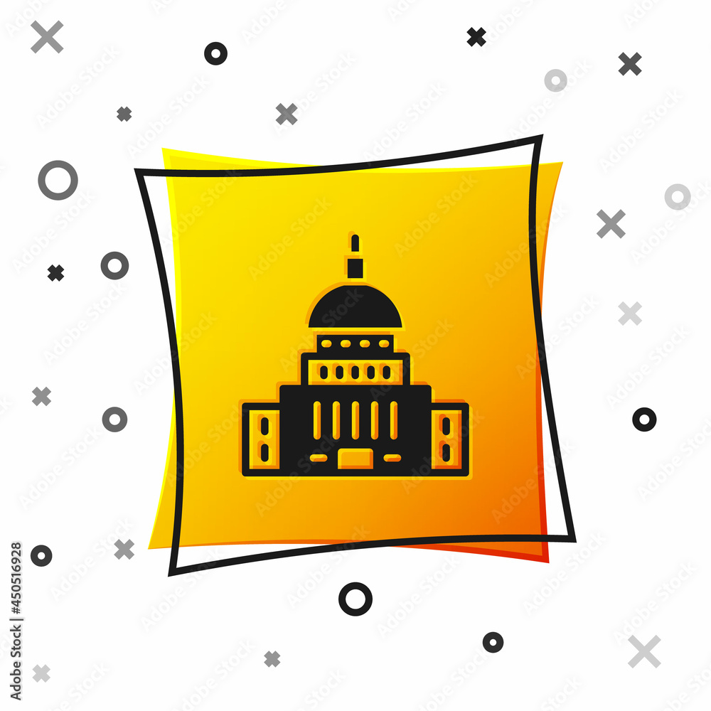 Black White House icon isolated on white background. Washington DC. Yellow square button. Vector