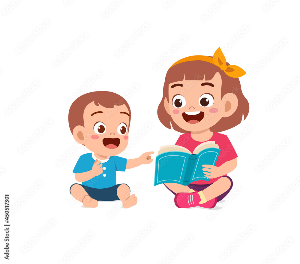 cute little girl read book with baby brother sibling together