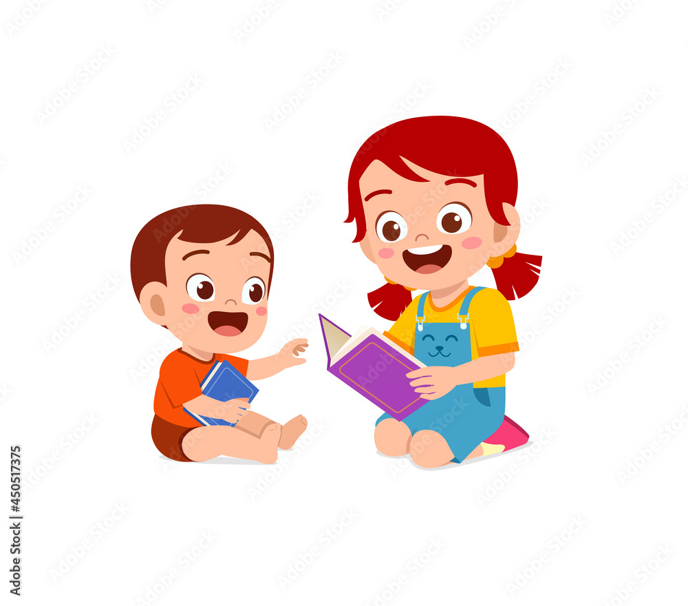 cute little girl read book with baby brother sibling together cute little girl read book with baby brother sibling together