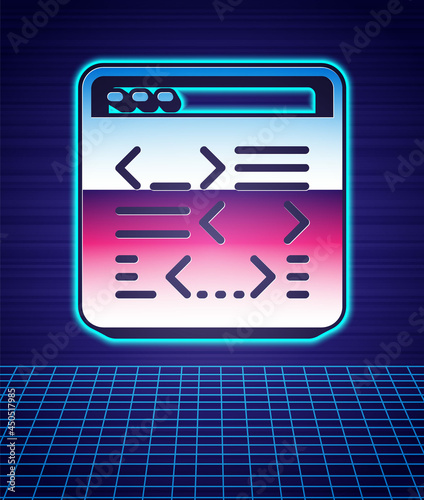 Retro style Software, web developer programming code icon isolated futuristic landscape background. Javascript computer script random parts of program code. 80s fashion party. Vector