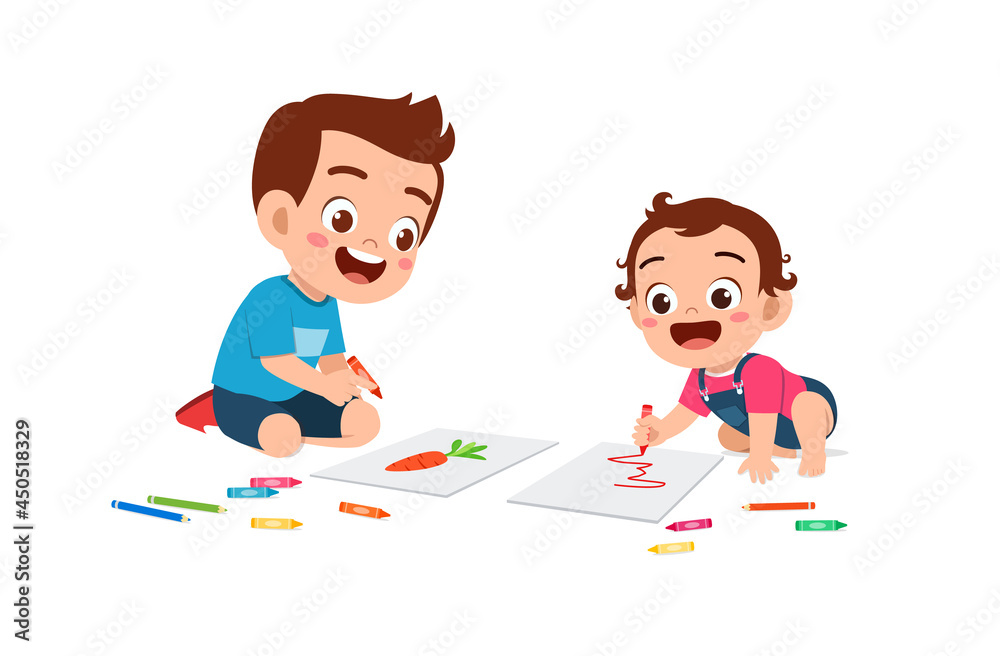 cute little boy drawing together with baby sibling cute little boy drawing together with baby sibling