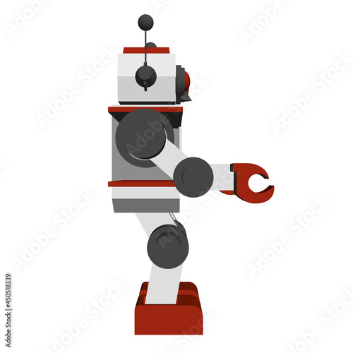 Toy robot isolated on white background. 3D. Side view. Vector illustration