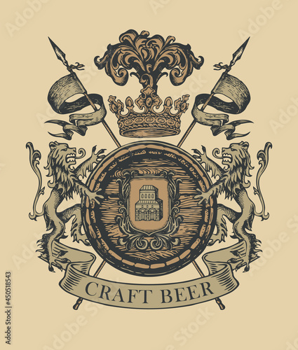 Hand-drawn coat of arms for craft beer in vintage style on an old paper background. Vector brewery heraldry with a wooden barrel, lions, flags, spears, crown and old building on a knightly shield
