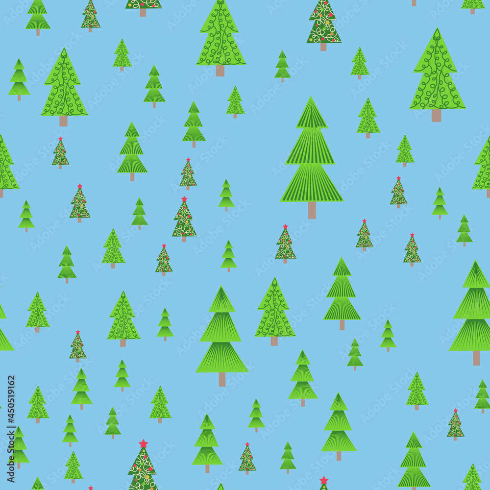 Obraz premium christmas tree seamless pattern. Winter forest, pine trees and snowflakes Print for fabric, wrapping paper
