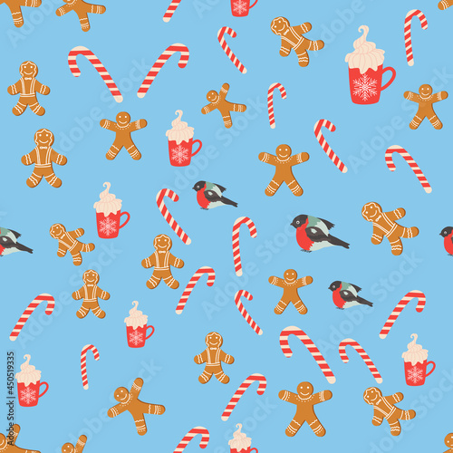 Seamless background for Christmas with gingerbread man, lollipop, bullfinch, cup of cocoa. Winter holiday, © MichiruKayo