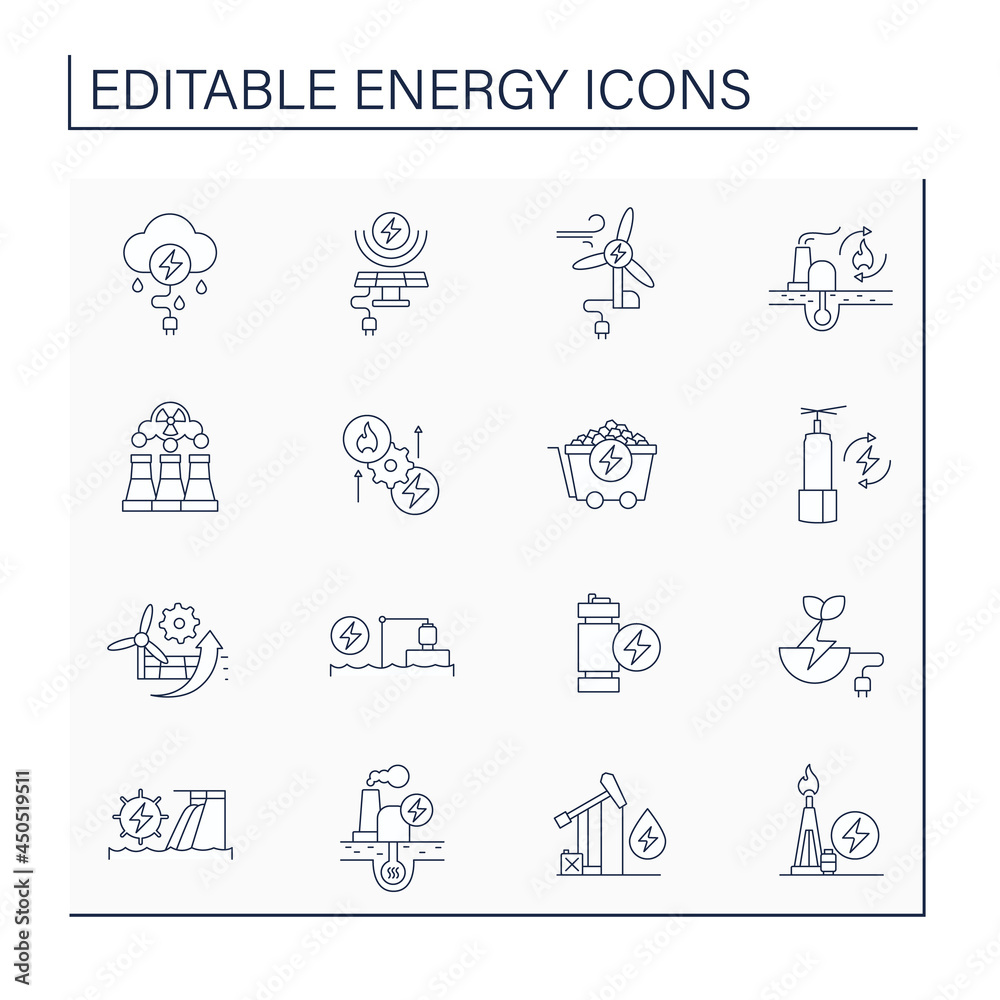 Energy line icons set. Thunderstorm, solar, wind energy. Nonrenewable sources. Power stations. Electricity generation concept. Isolated vector illustration. Editable stroke