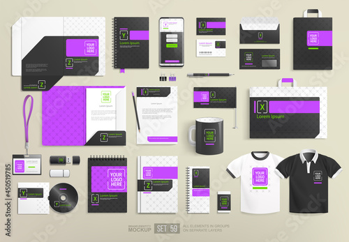 Realistic office stationary items with modern branding identity mockup set. Black white and purple abstract graphics for corporate Identity Branding Mock-up set. Office objects presentation mockups