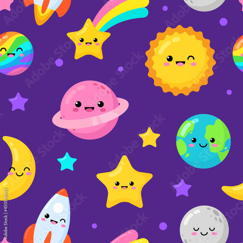 Cartoon seamless pattern of baby sun, Earth planet, fallen star, round moon and more space objects. Cartoon kawaii planets icons of cute characters. Vector children's illustration