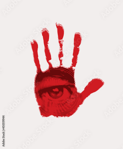 Vector banner with red handprint with male eye and an eyebrow on a palm isolated on a light background. Abstract illustration with a watching human eye and a bloody hand imprint
