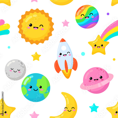 Cartoon kawaii space objects icons of cute characters seamless pattern isolated on white. Cartoon with baby sun, Earth planet, fallen star, round moon and more. Vector children's illustration