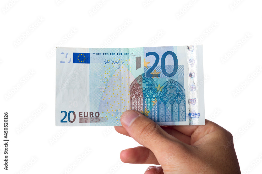man holding euro bills on white background man holding euro bills on white background